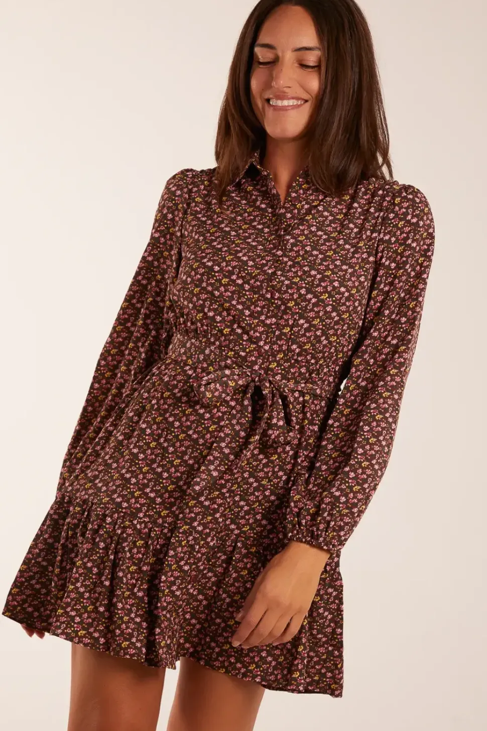 Ruched Shoulder Mini Shirt Dress