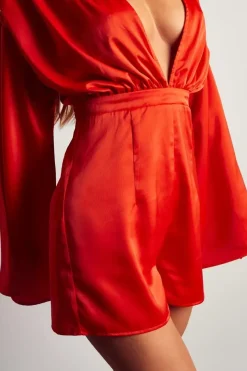 Ruched Shoulder Tie Back Satin Playsuit