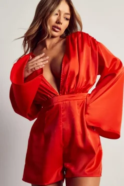 Ruched Shoulder Tie Back Satin Playsuit