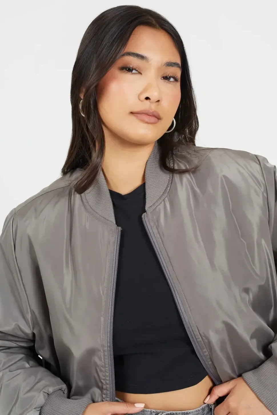 Ruched Sleeve Oversized Bomber Jacket
