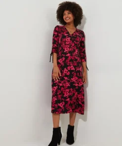 Ruched Tie Sleeve Floral Wrap Dress