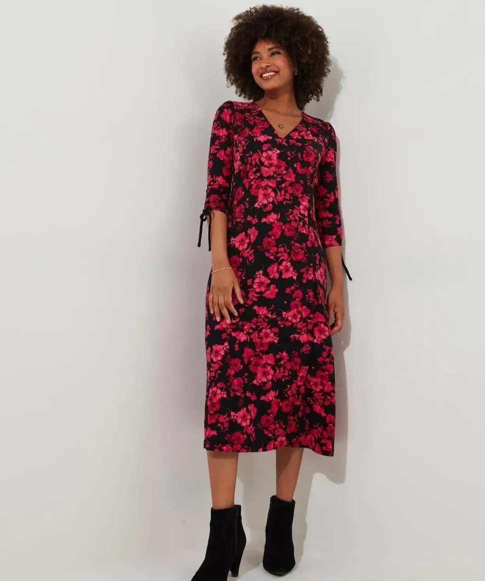 Ruched Tie Sleeve Floral Wrap Dress