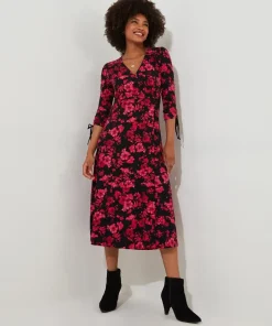 Ruched Tie Sleeve Floral Wrap Dress