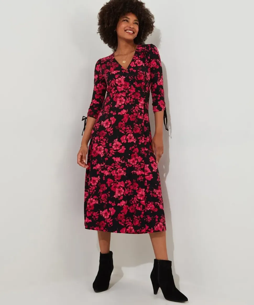 Ruched Tie Sleeve Floral Wrap Dress