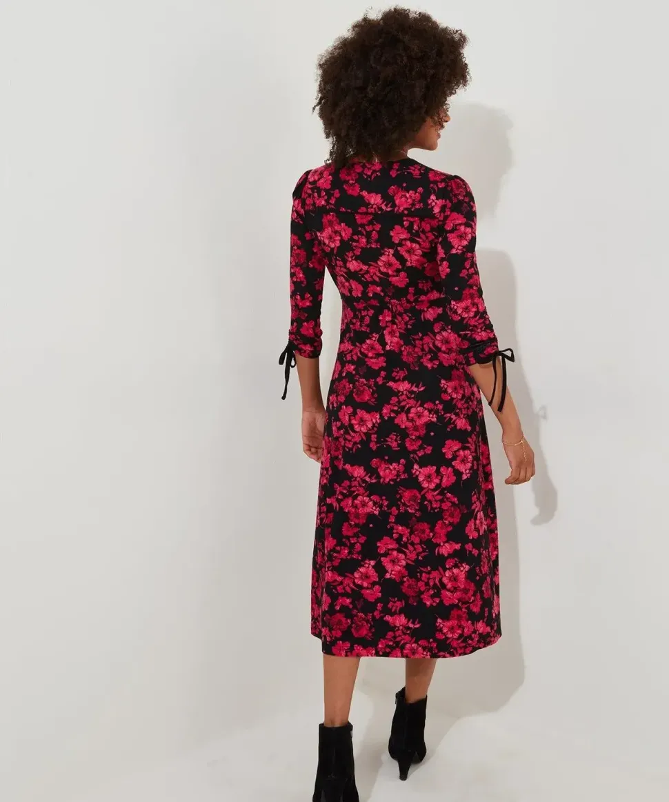 Ruched Tie Sleeve Floral Wrap Dress