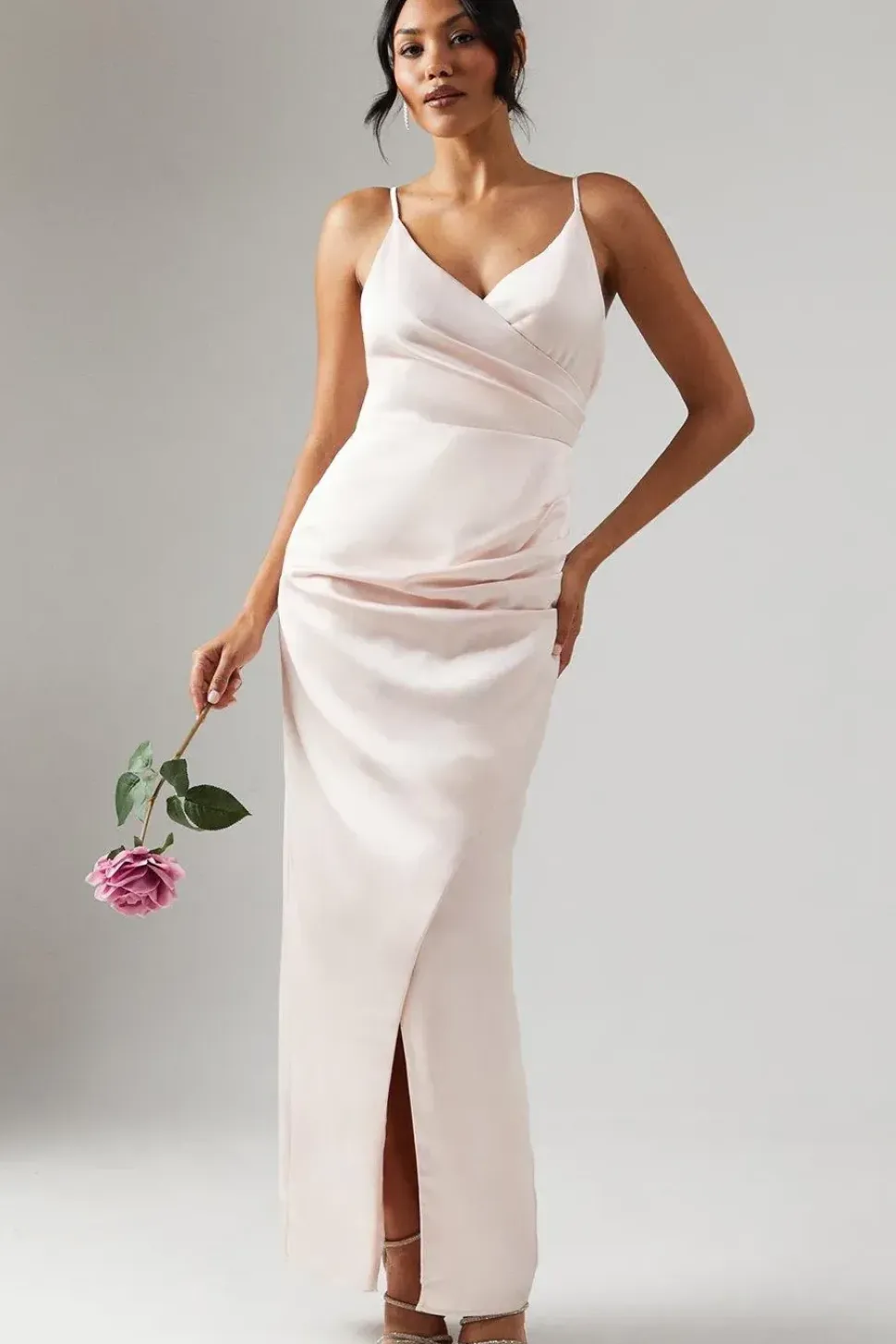 Ruche Side Strappy Satin Maxi Bridesmaid Dress