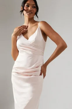 Ruche Side Strappy Satin Maxi Bridesmaid Dress