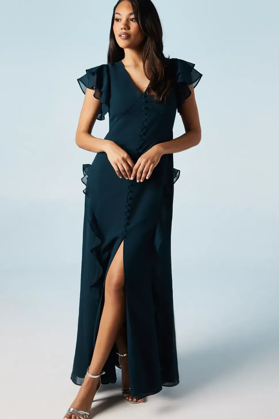 Ruffle And Button Detail Bridesmaid Maxi Dress
