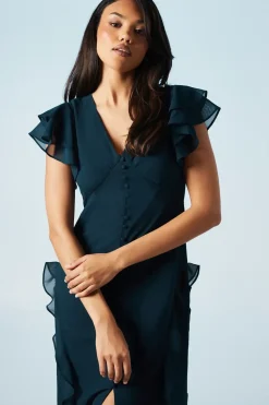Ruffle And Button Detail Bridesmaid Maxi Dress