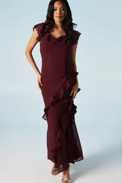 Ruffle Angel Sleeve Chiffon Bridesmaid Maxi Dress