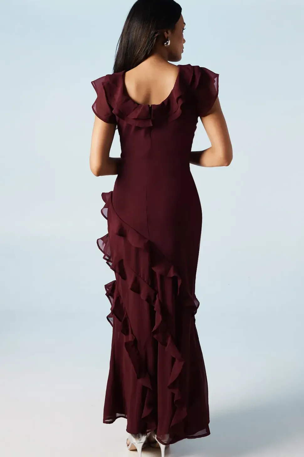 Ruffle Angel Sleeve Chiffon Bridesmaid Maxi Dress