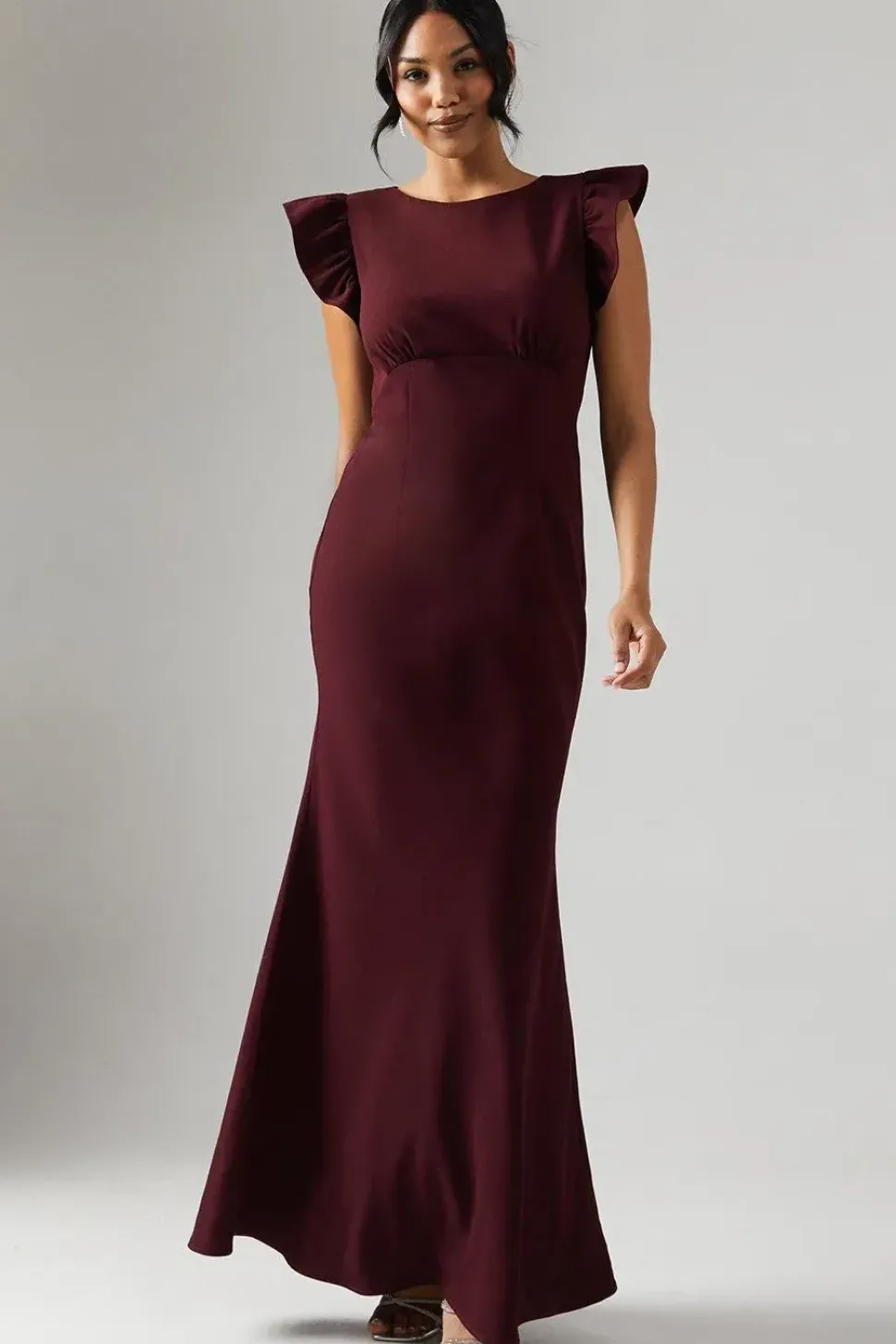 Ruffle Angel Sleeve Crepe Bridesmaid Maxi Dress