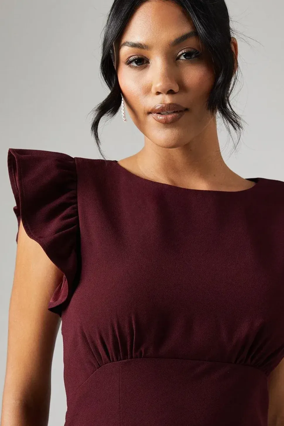 Ruffle Angel Sleeve Crepe Bridesmaid Maxi Dress