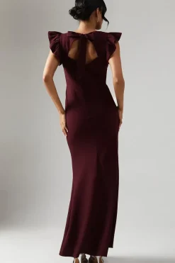 Ruffle Angel Sleeve Crepe Bridesmaid Maxi Dress