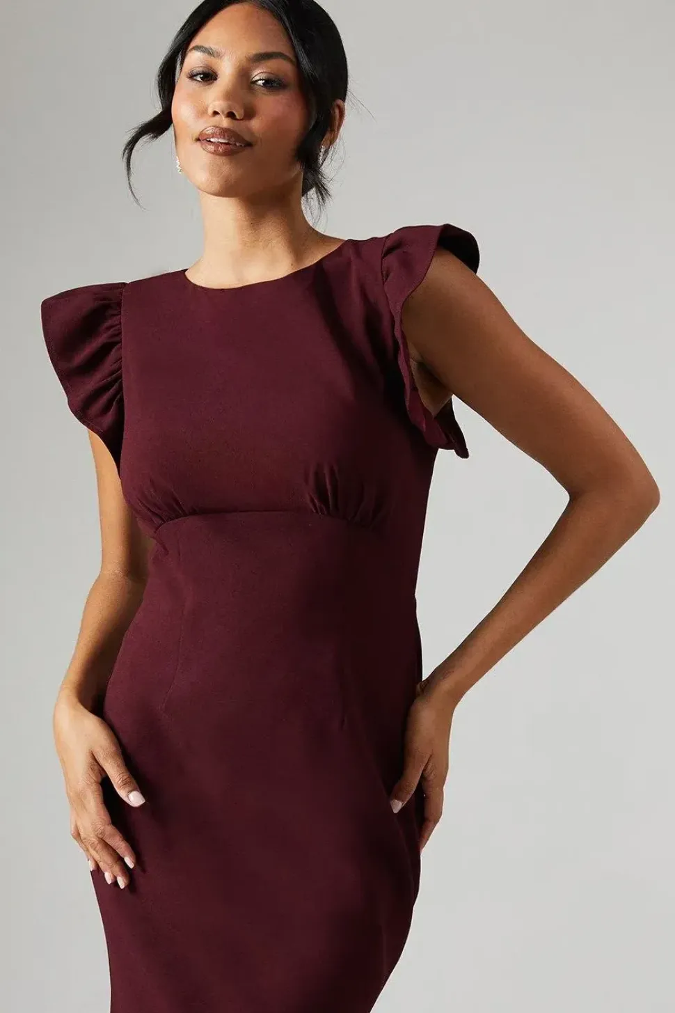 Ruffle Angel Sleeve Crepe Bridesmaid Maxi Dress