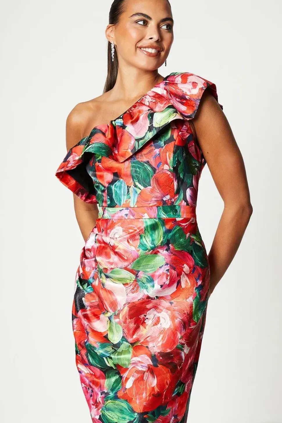 Ruffle Asymmetrical Satin Jacquard Midi Dress