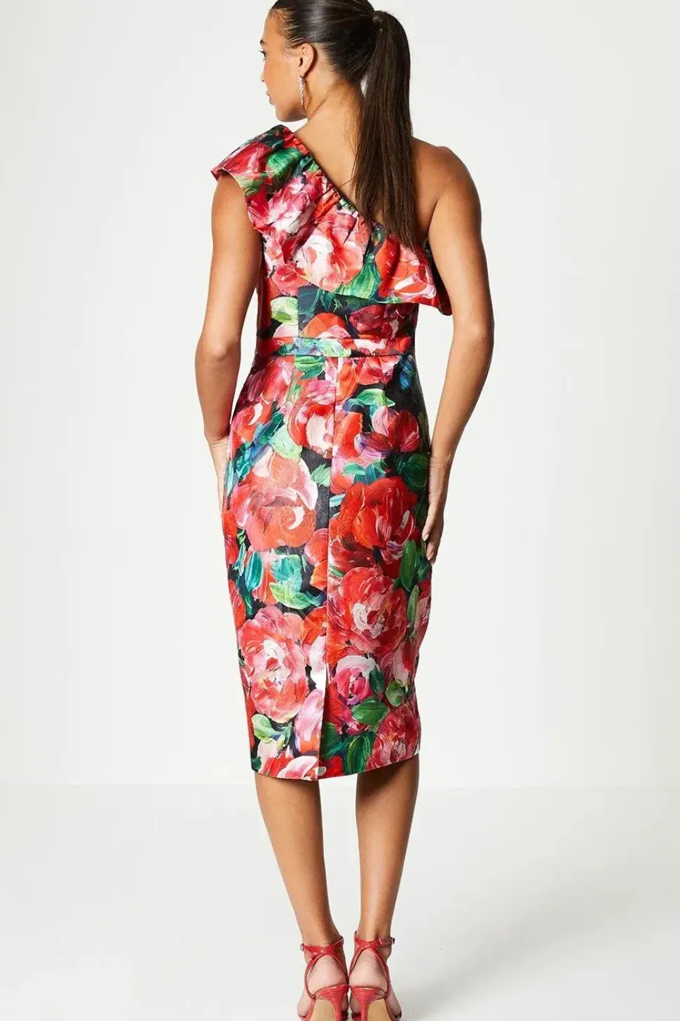 Ruffle Asymmetrical Satin Jacquard Midi Dress