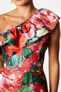 Ruffle Asymmetrical Satin Jacquard Midi Dress