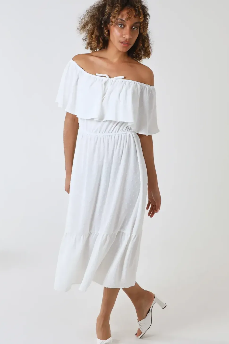 Ruffle Bardot Midi Dress