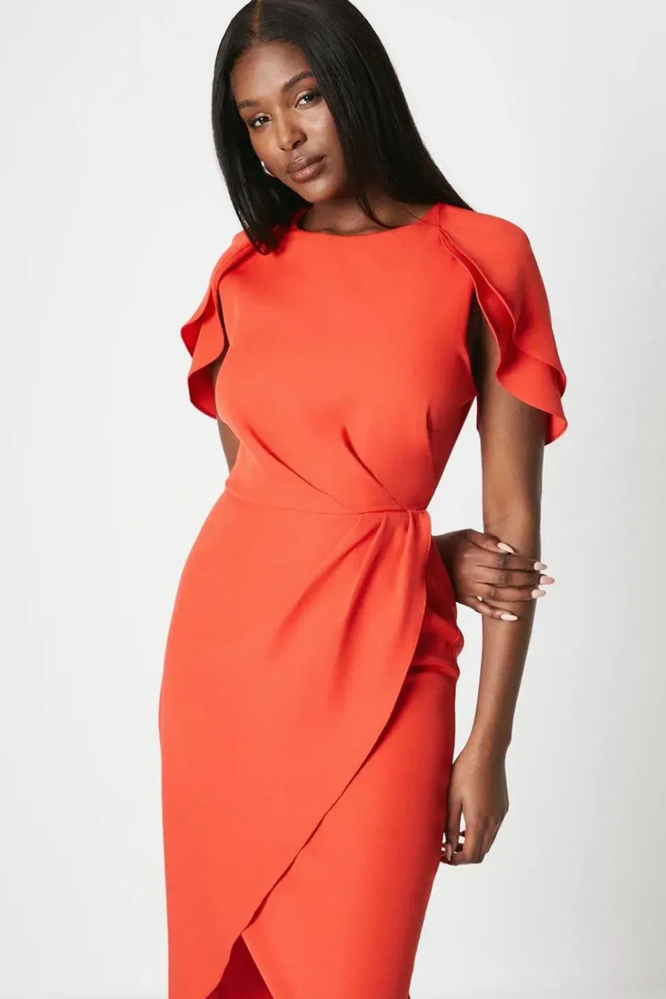 Ruffle Cape Sleeve Wrap Skirt Midi Dress