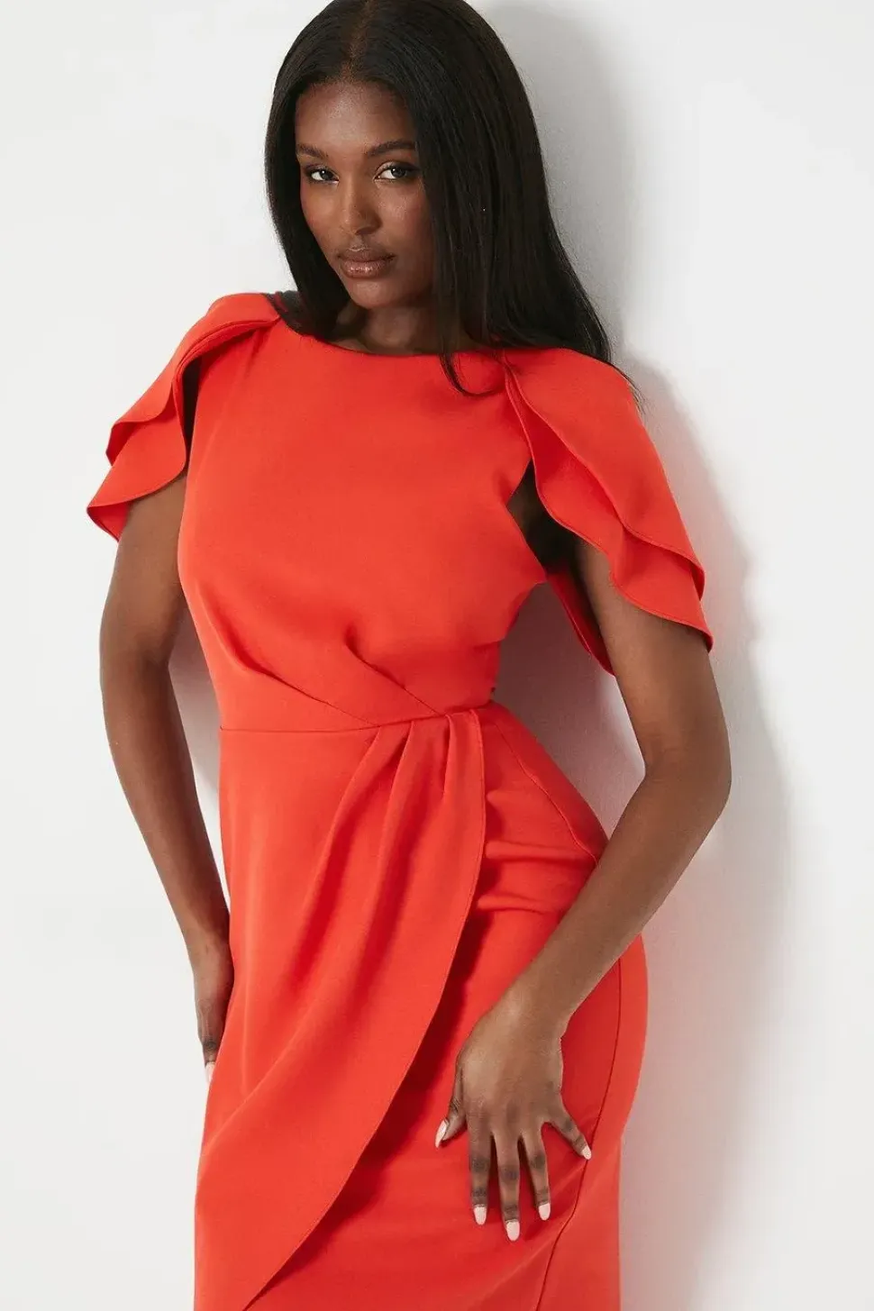 Ruffle Cape Sleeve Wrap Skirt Midi Dress