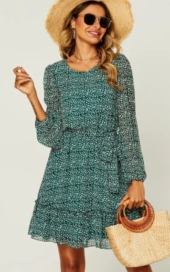 Ruffled Chiffon Long Sleeve Mini Dress In Dark Green Leopard Print