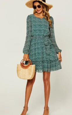 Ruffled Chiffon Long Sleeve Mini Dress In Dark Green Leopard Print