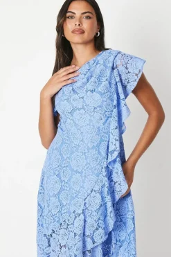 Ruffle Detail Frill Shoulder Lace Midi Dress