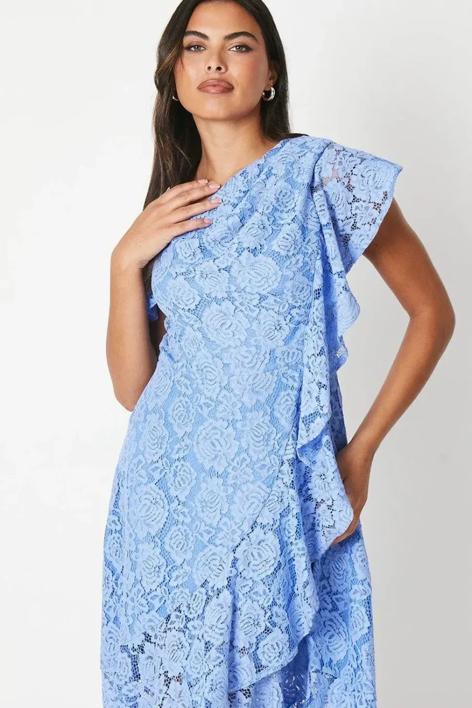 Ruffle Detail Frill Shoulder Lace Midi Dress