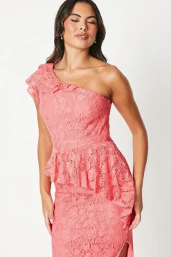 Ruffle Detail Frill Shoulder Lace Midi Dress