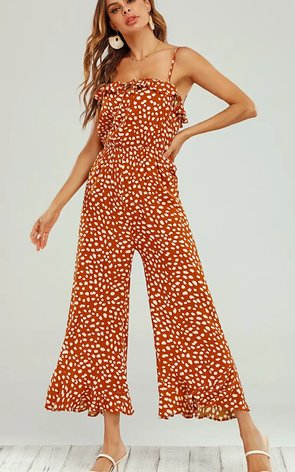 Ruffle Detail Jumpsuit In Orange Spot Print