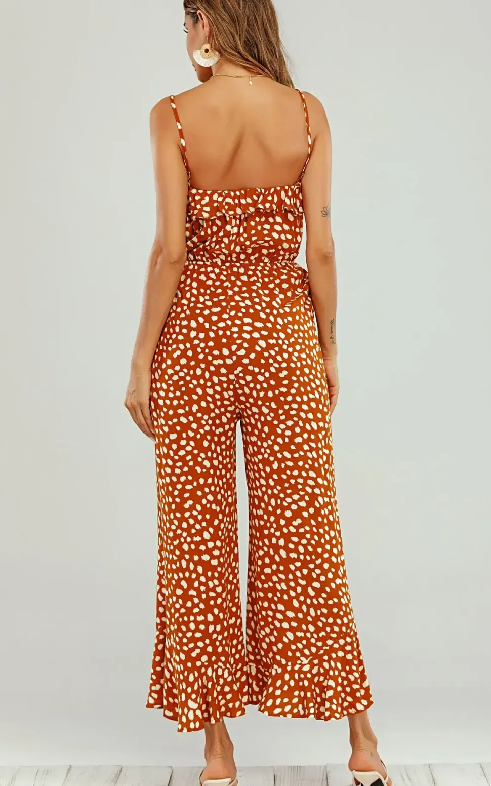 Ruffle Detail Jumpsuit In Orange Spot Print