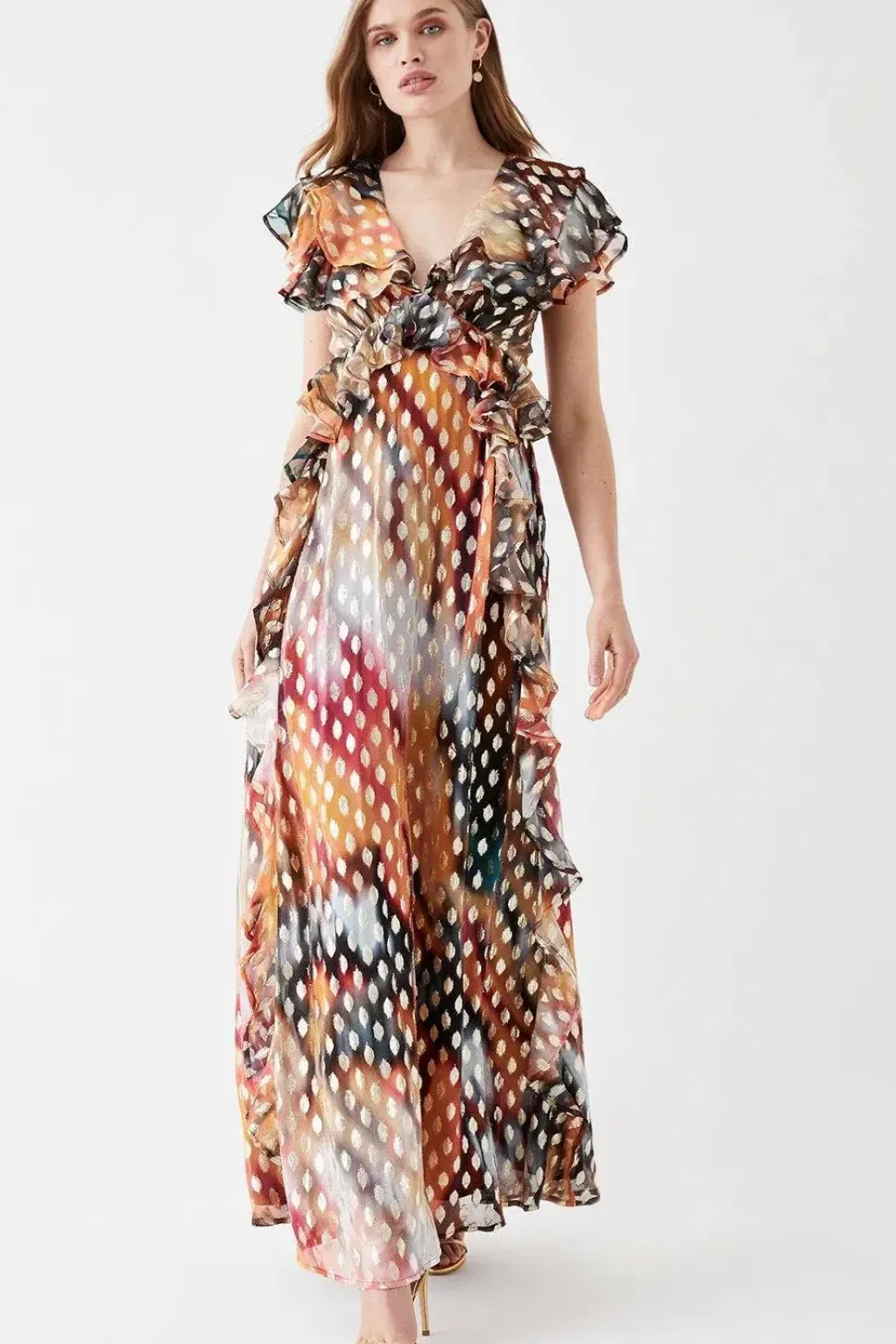Ruffle Detail Metallic Maxi Dress