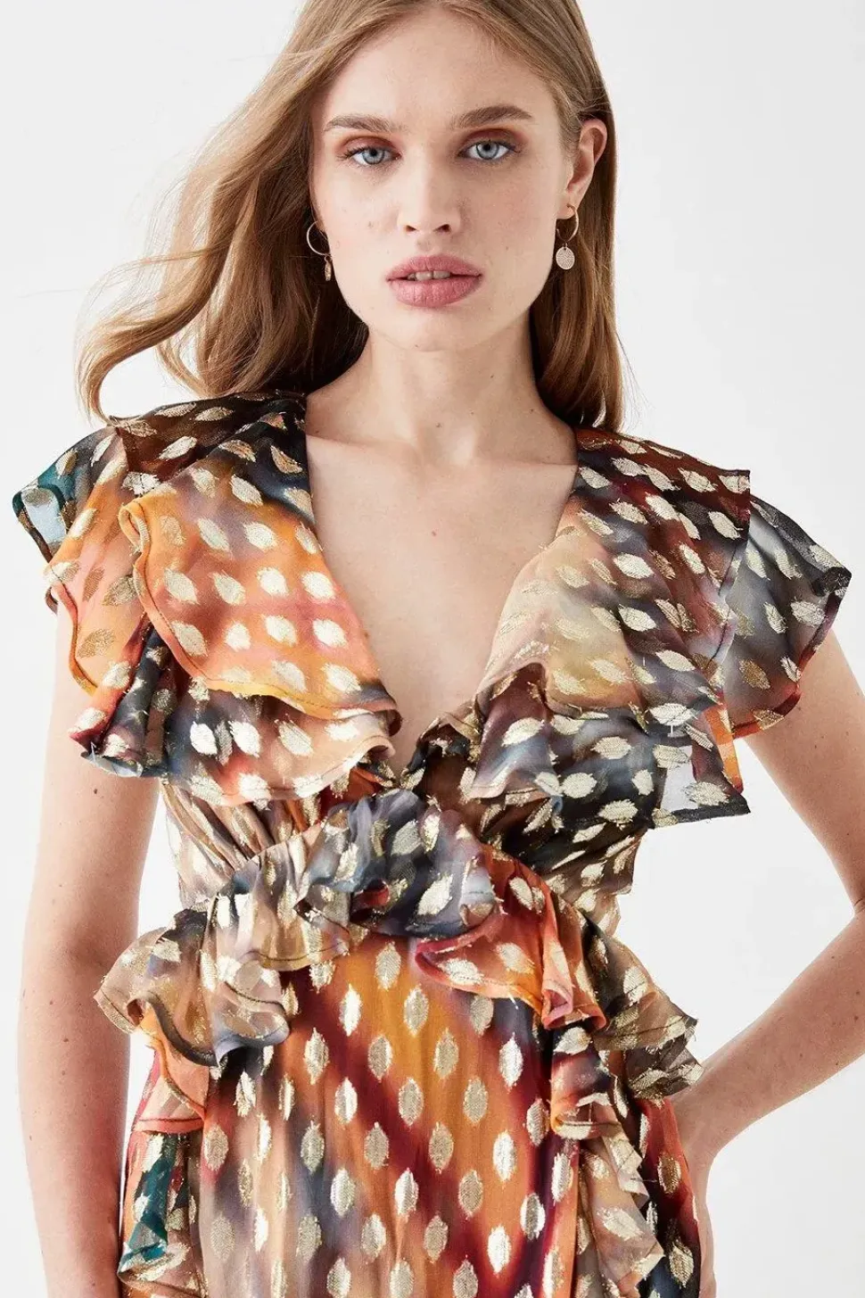 Ruffle Detail Metallic Maxi Dress