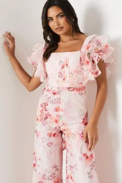 Ruffle Detail Printed Organza Jumpsuit