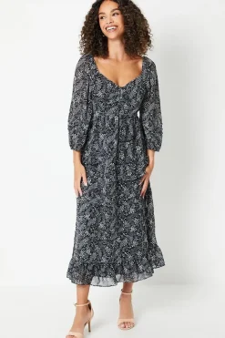 Ruffle Detail Sweetheart Chiffon Midi Dress