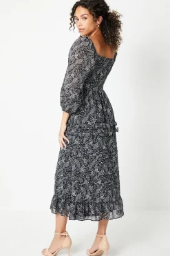 Ruffle Detail Sweetheart Chiffon Midi Dress