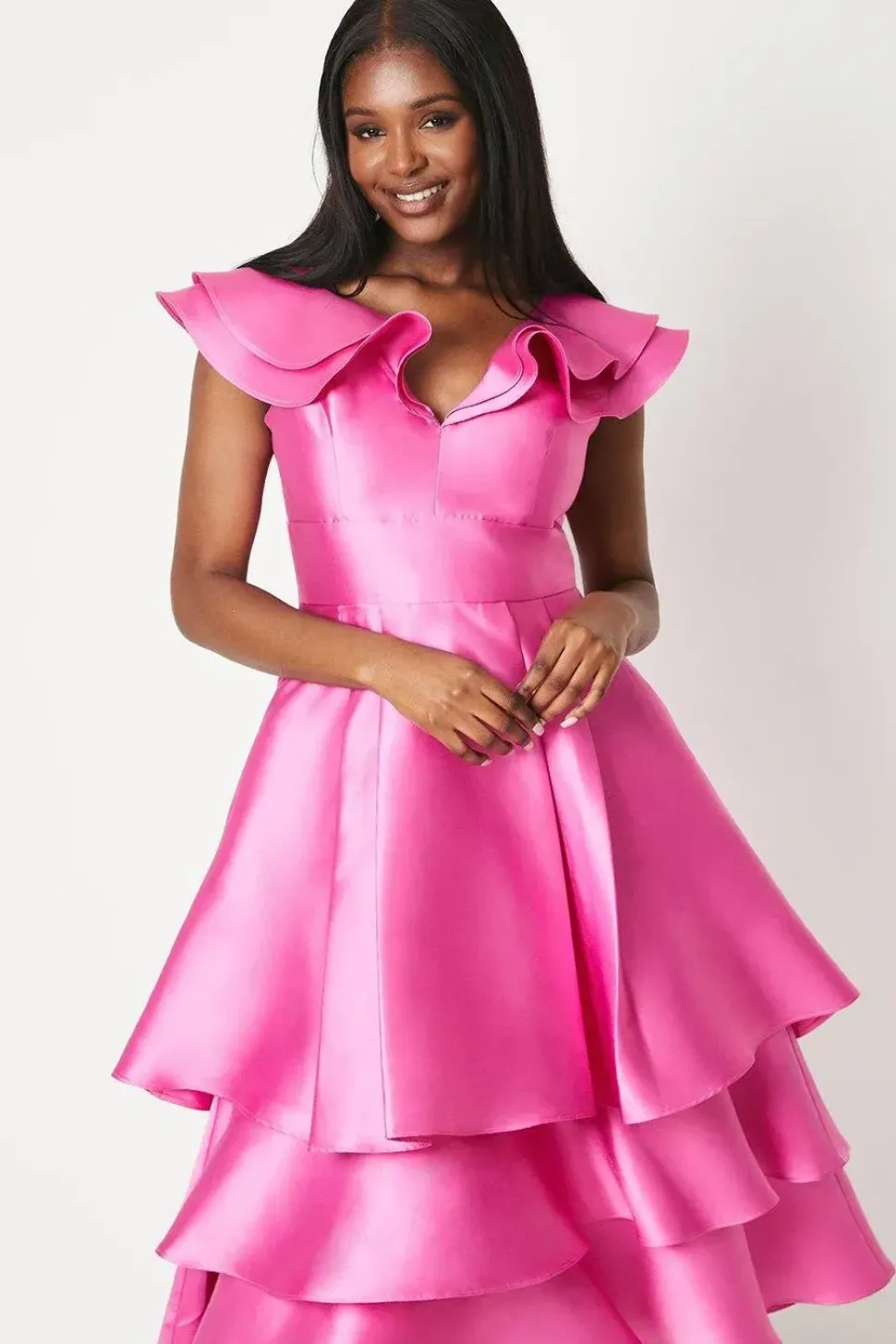 Ruffle Detail Tiered Skirt Twill Midi Dress