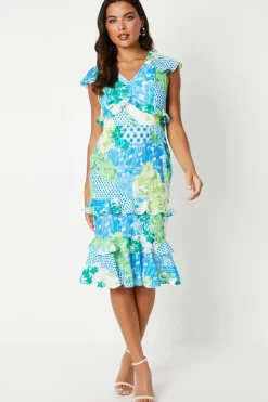 Ruffle Detail V Neck Georgette Jacquard Midi Dress