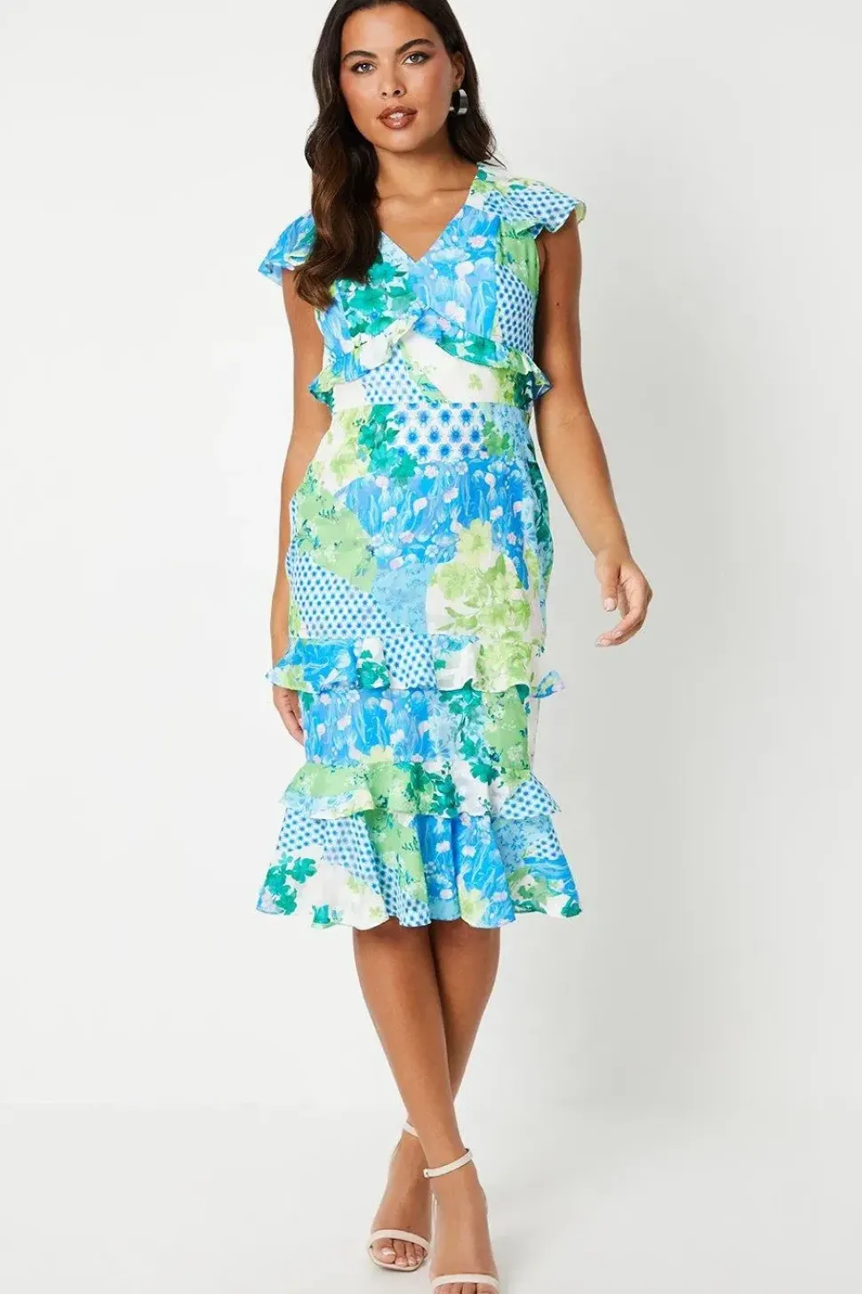 Ruffle Detail V Neck Georgette Jacquard Midi Dress
