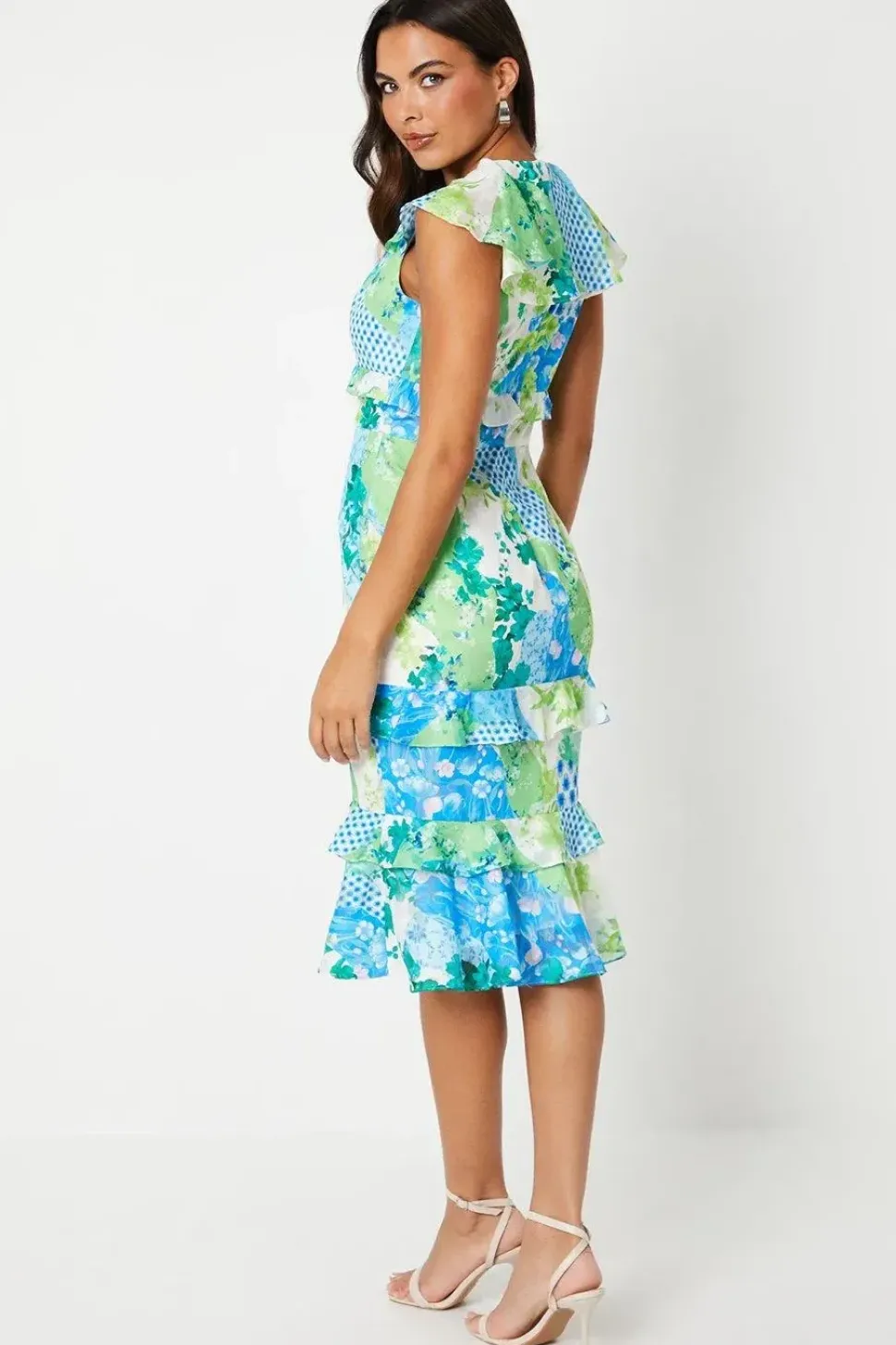 Ruffle Detail V Neck Georgette Jacquard Midi Dress