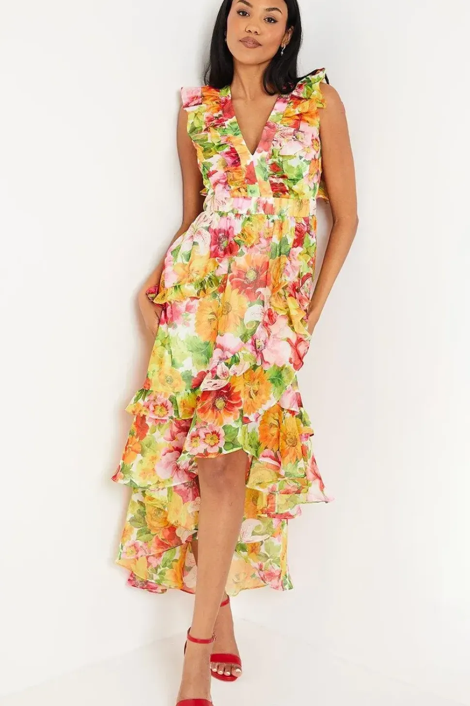 Ruffle Detail Wrap Organza Midi Dress