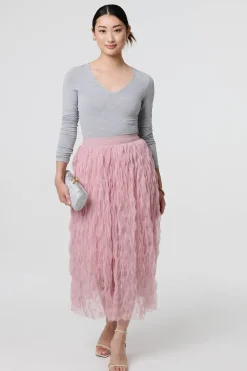 Ruffled High Waist Semi Sheer Midi Skirt