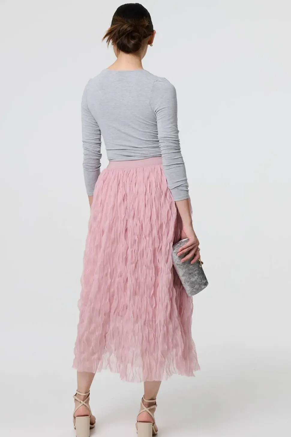 Ruffled High Waist Semi Sheer Midi Skirt