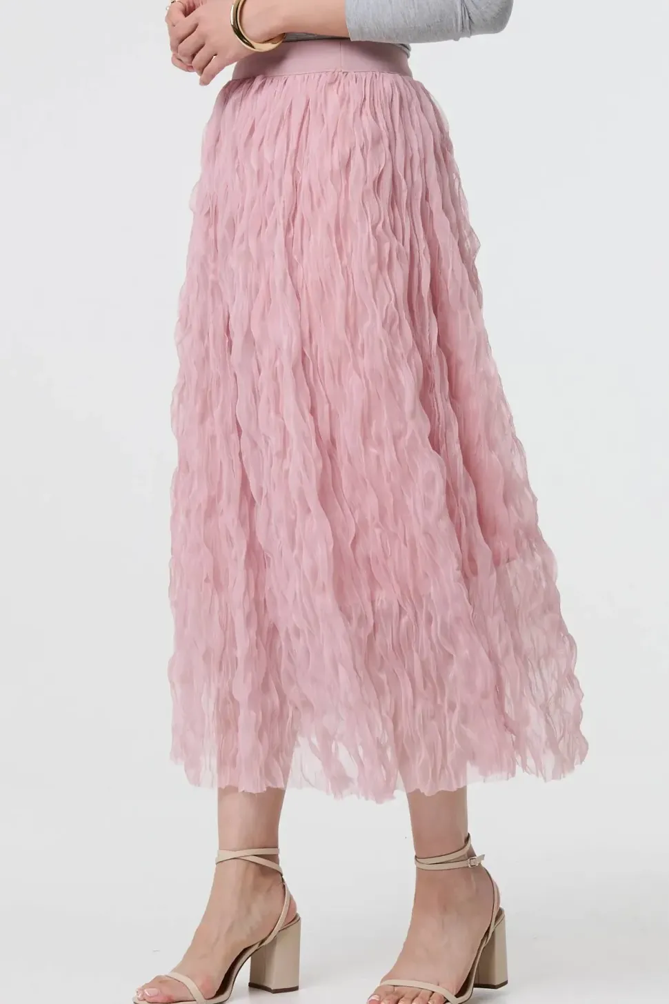 Ruffled High Waist Semi Sheer Midi Skirt