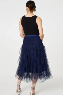 Ruffled Sheer Mesh High Waist Midi Skirt