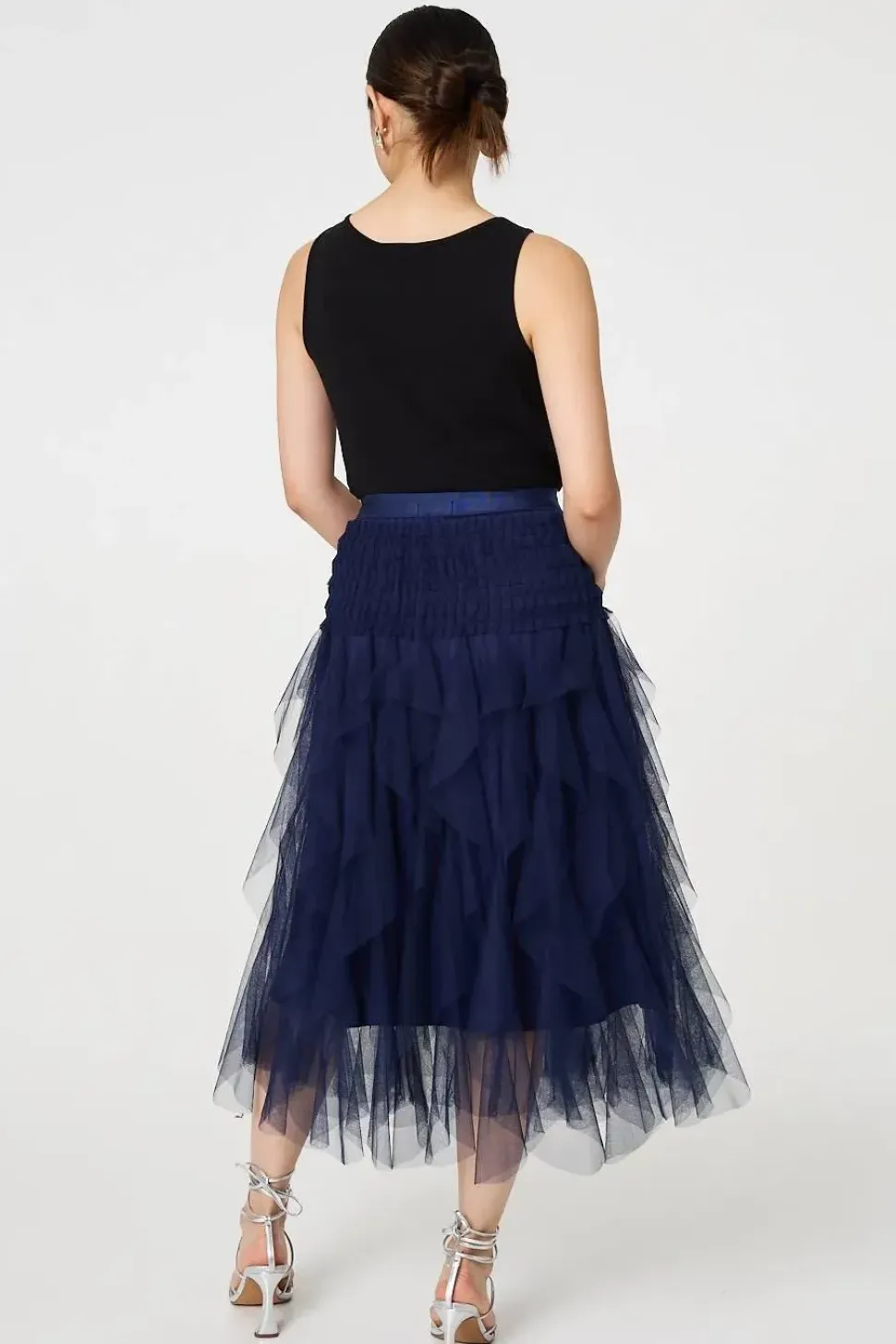 Ruffled Sheer Mesh High Waist Midi Skirt