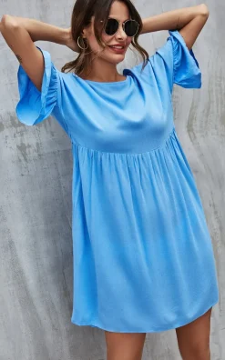 Ruffled Sleeve Smock Dress In Light Blue