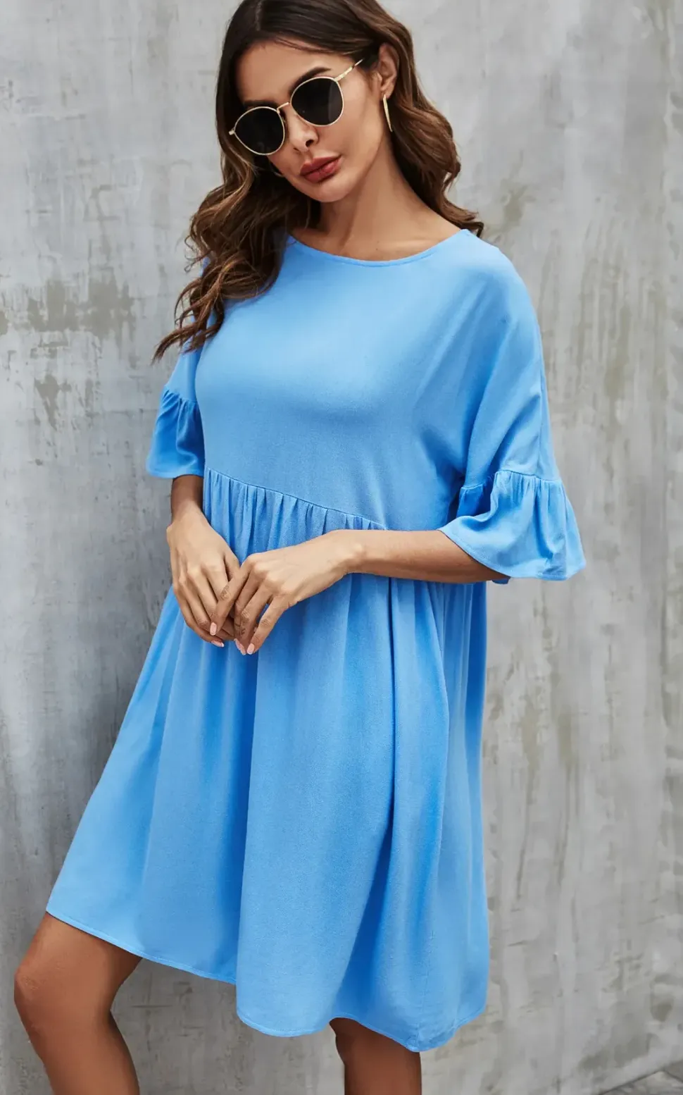 Ruffled Sleeve Smock Dress In Light Blue