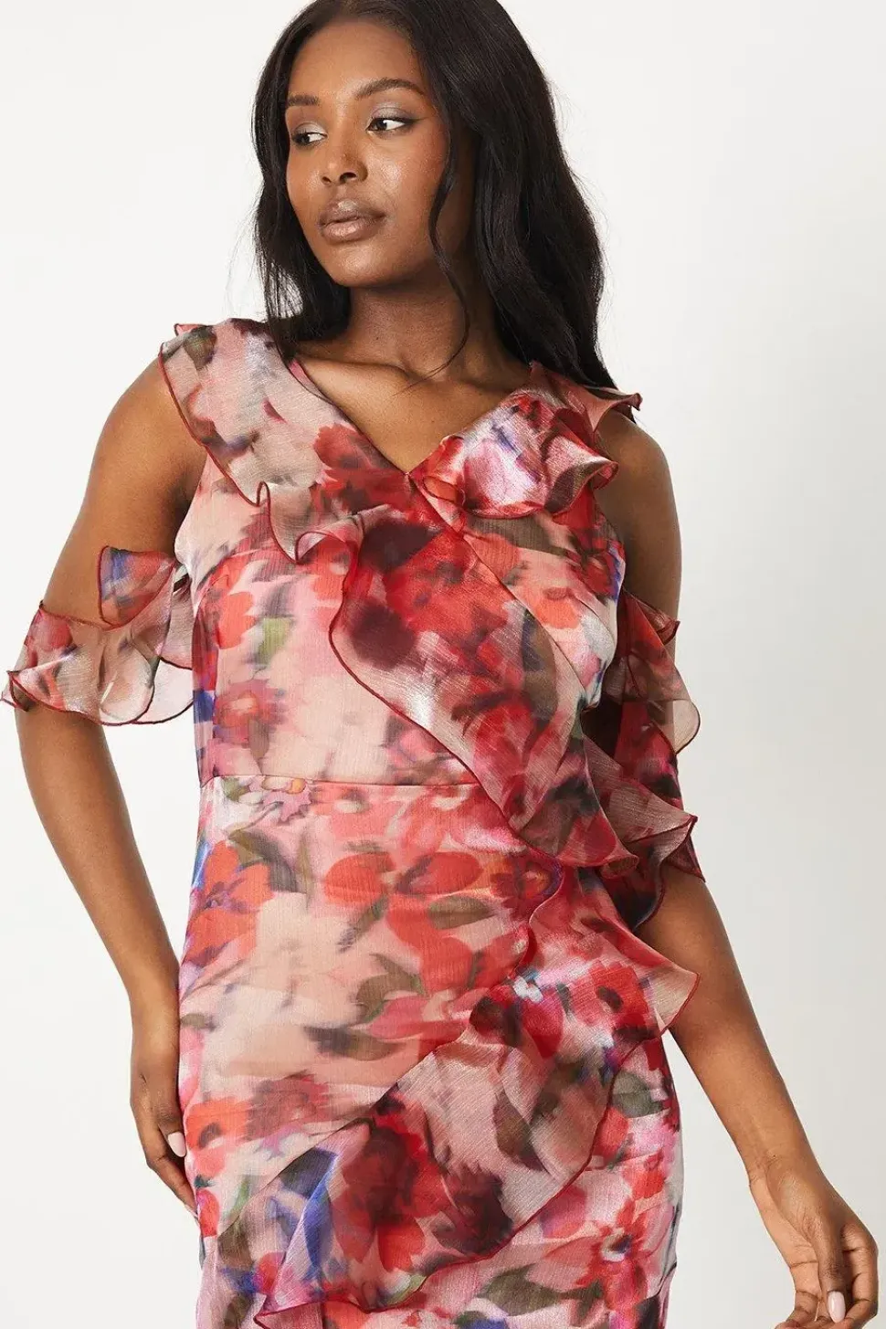 Ruffle Front Chiffon Midi Dress